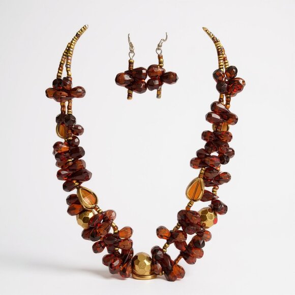 Two layers Multi Brown Glass And Lucite Bead Necklace With Matching Earring - Picture 1 of 1